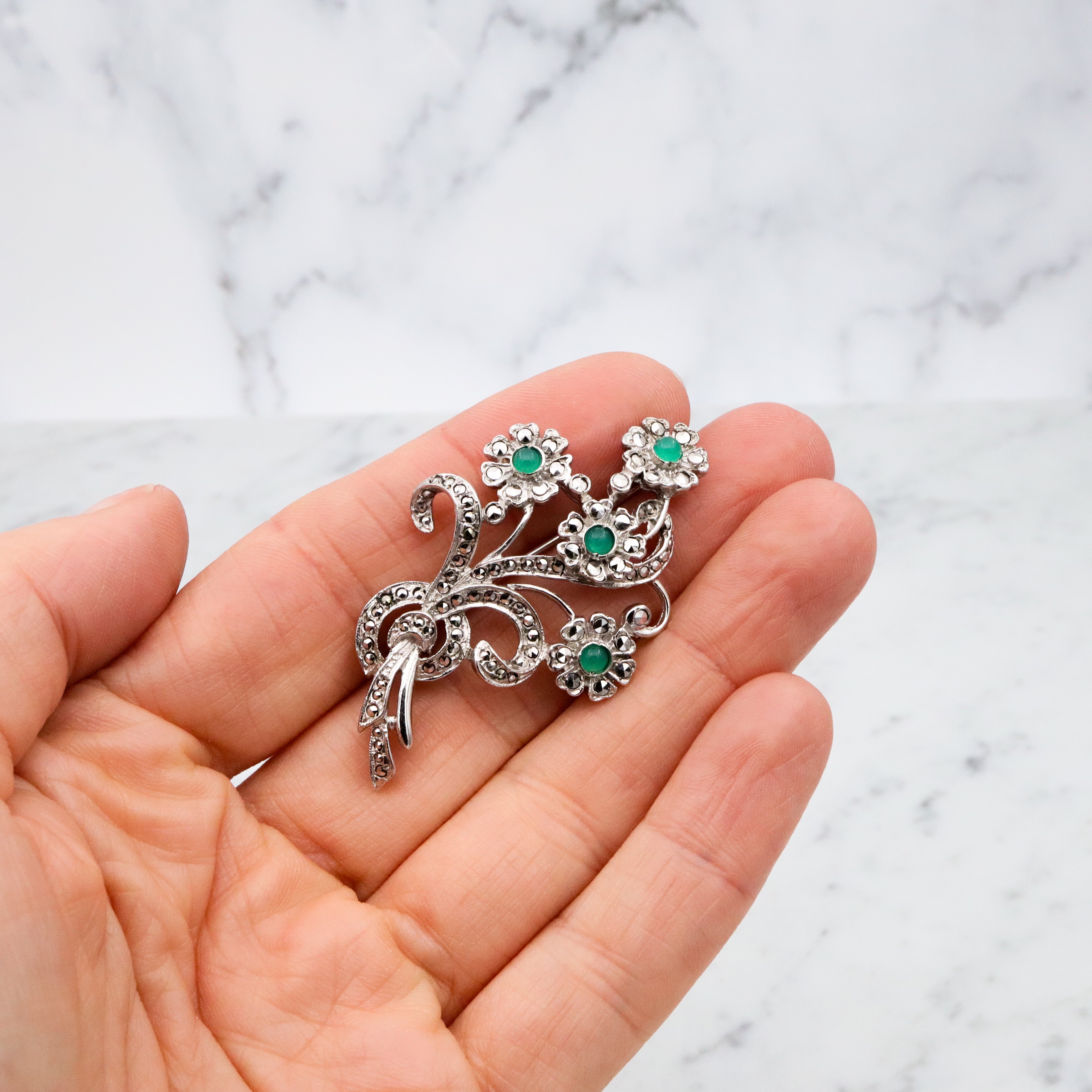 Antique Art Deco sterling marcasite flower brooch w/chrysoprase by Bliss Brothers